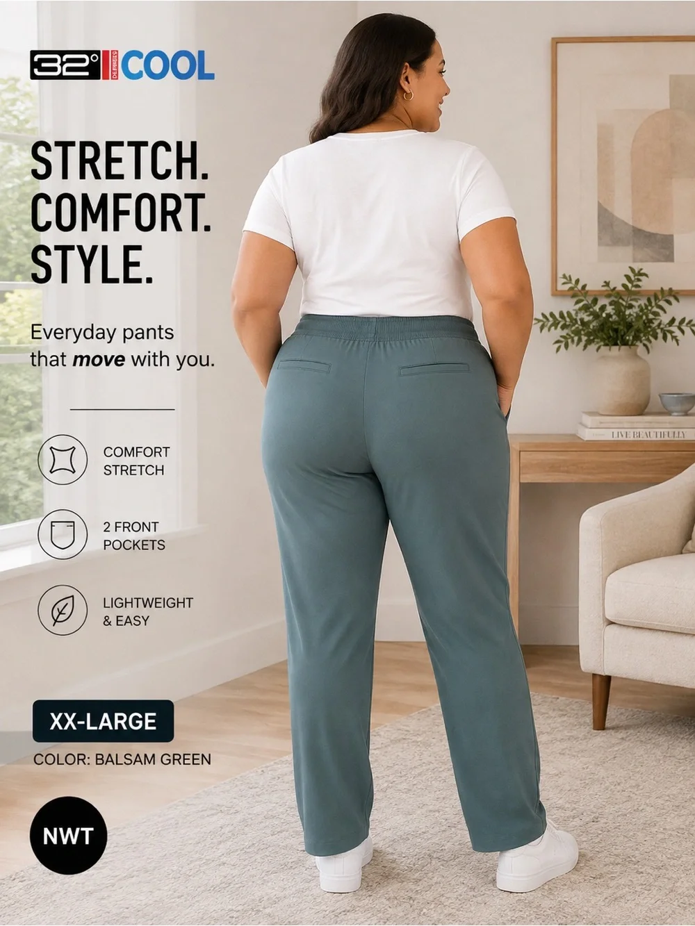NWT 32 Degrees Cool Balsam Green Stretch Pull-On Pants 28.5” XXL